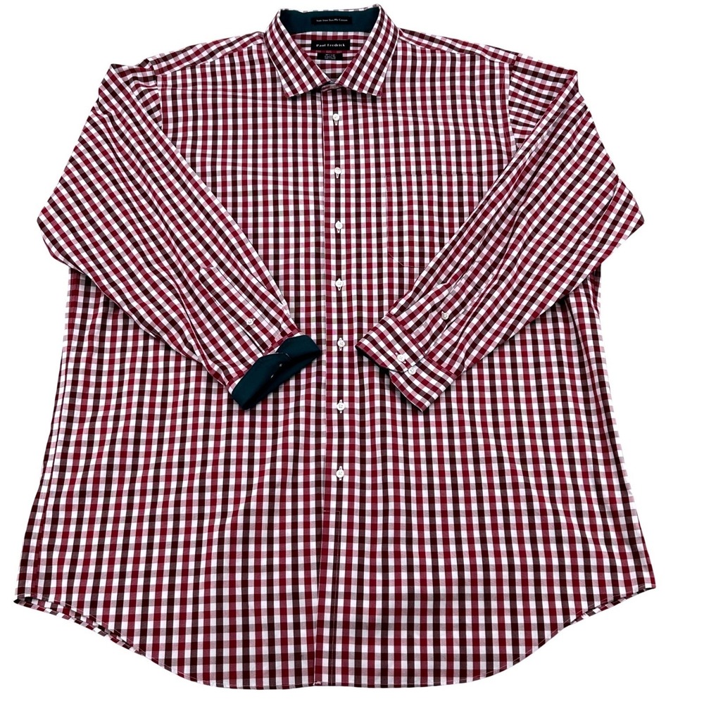 Paul Fredrick Dress Shirt Mens 18.5 x 35 Burgundy Gingham Classic Fit Preppy